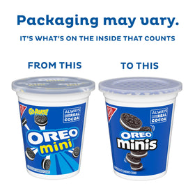 OREO Minis snack cups packaging with resealable lid keeps cookies fresh for lunches.