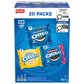 Oreo Sandwich Cookies 20-pack variety display, convenient on-the-go snack.