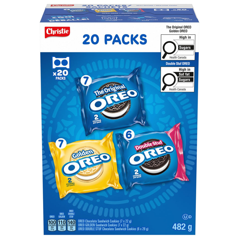 Oreo Sandwich Cookies 20-pack variety display, convenient on-the-go snack.