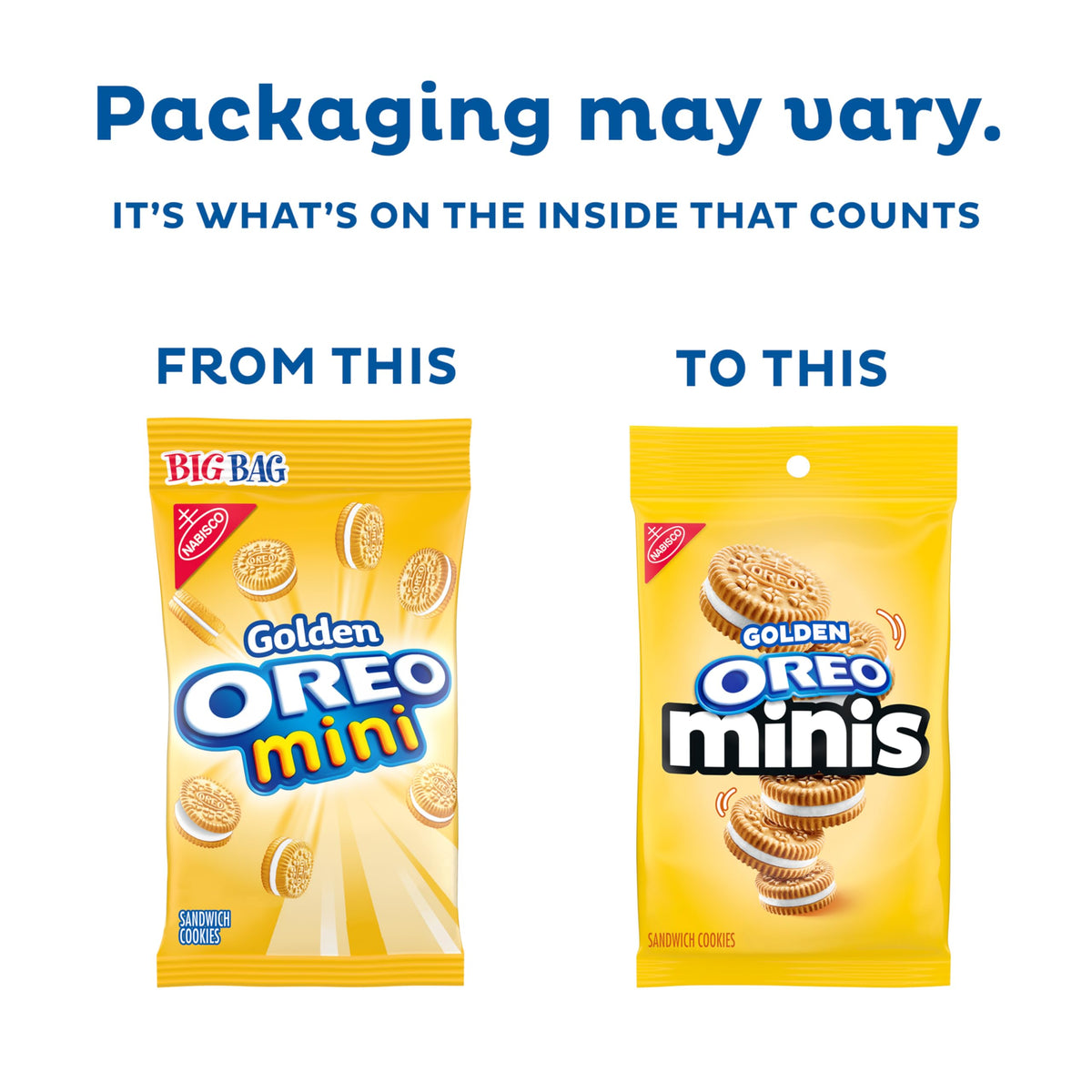 Close-up of bite-sized vanilla wafers and creme in OREO Minis Golden.