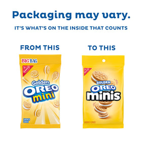 Close-up of bite-sized vanilla wafers and creme in OREO Minis Golden.