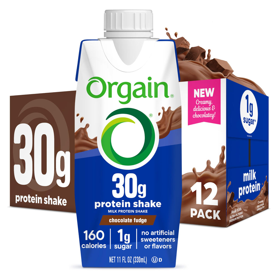 Orgain 30g high protein chocolate fudge shake bottle delivers creamy, on-the-go nutrition.