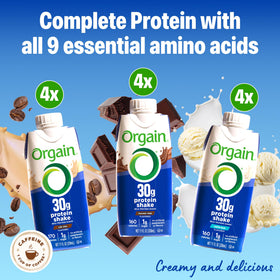 Orgain cafe latte 30g protein shake bottle with caffeine boost for focus