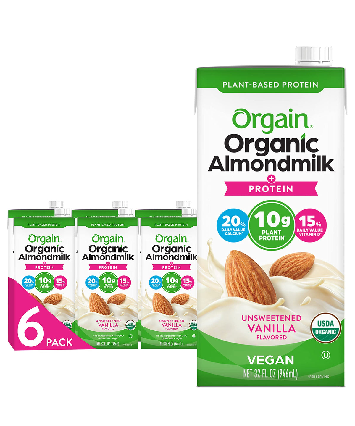 Orgain almond milk vanilla bottle pour, a dairy-free everyday option.