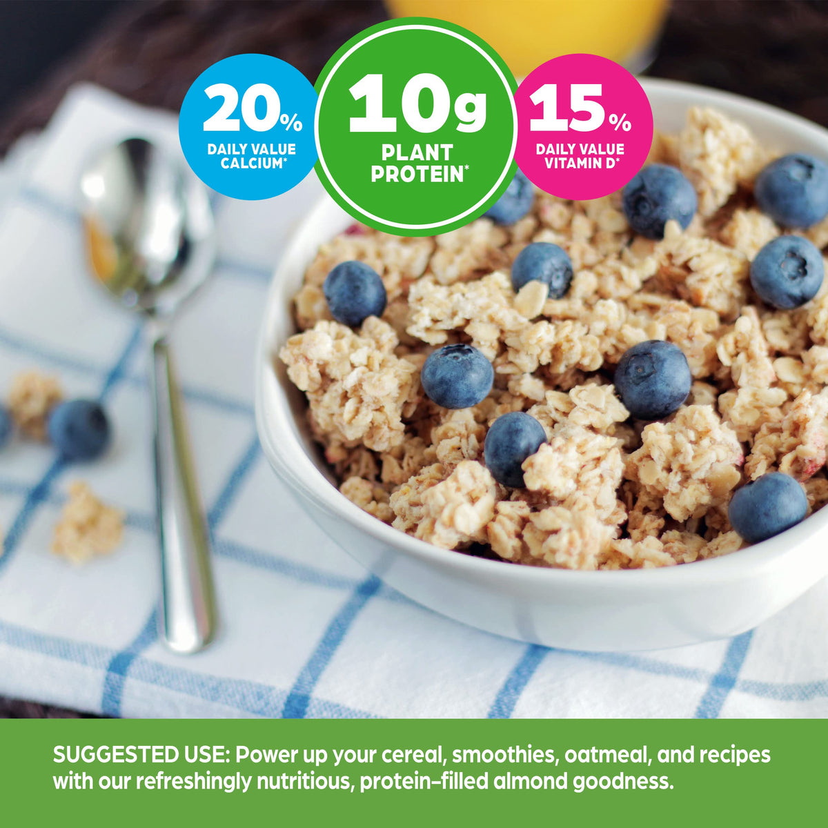 Orgain almond milk vanilla poured over cereal, a dairy-free breakfast option.