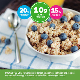 Orgain almond milk vanilla poured over cereal, a dairy-free breakfast option.