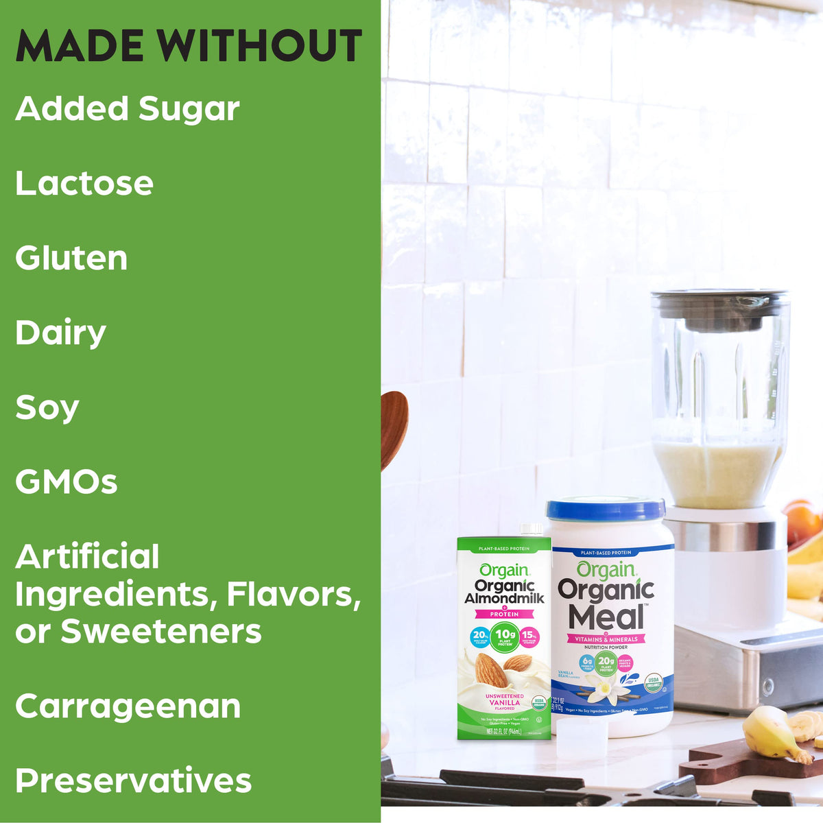 Orgain almond milk vanilla in a protein shake, plant-based option.