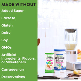 Orgain almond milk vanilla in a protein shake, plant-based option.
