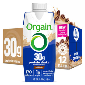 Orgain Café Latte 30g high-protein shake bottle displaying rich texture for post-workout fuel.