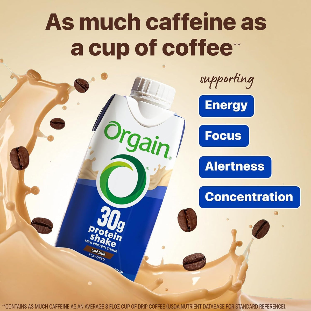 Orgain Café Latte cup with coffee swirls highlights energy-boosting flavor.