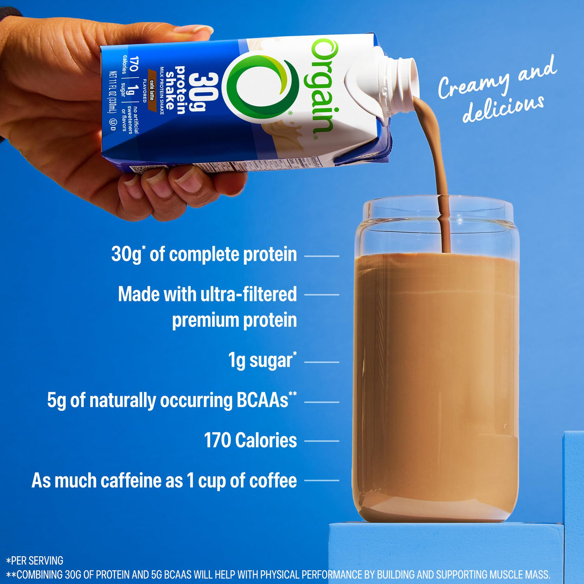 Orgain Café Latte ingredient glimpse shows milk protein isolate for protein delivery.
