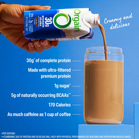 Orgain Café Latte ingredient glimpse shows milk protein isolate for protein delivery.