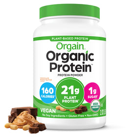 Orgain Chocolate Peanut Butter protein powder bottle delivers a creamy, plant-based protein boost.