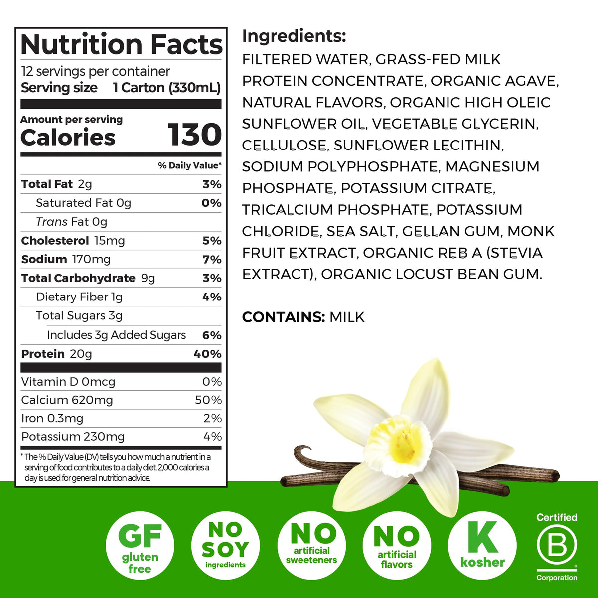 Orgain Clean Protein Shake Grass-Fed Dairy label highlights grass-fed protein source.