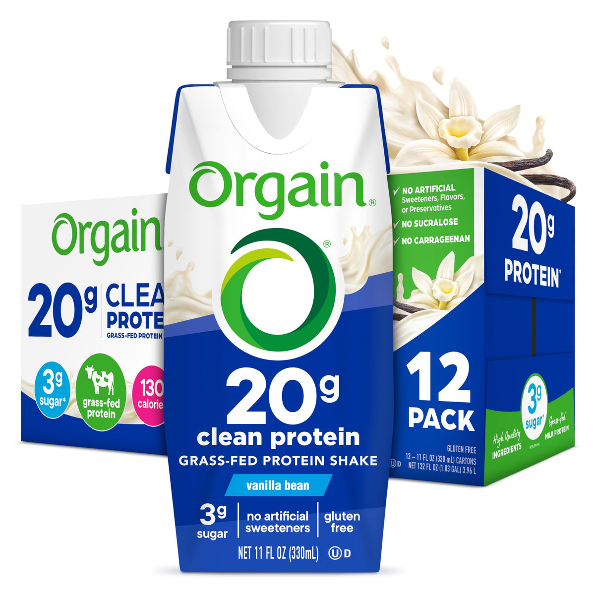 Orgain Clean Protein Shake Vanilla Bean bottle ready-to-drink high-protein snack on the go.