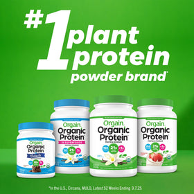 Orgain dairy-free smoothie close-up emphasizes a fiber-rich plant blend.