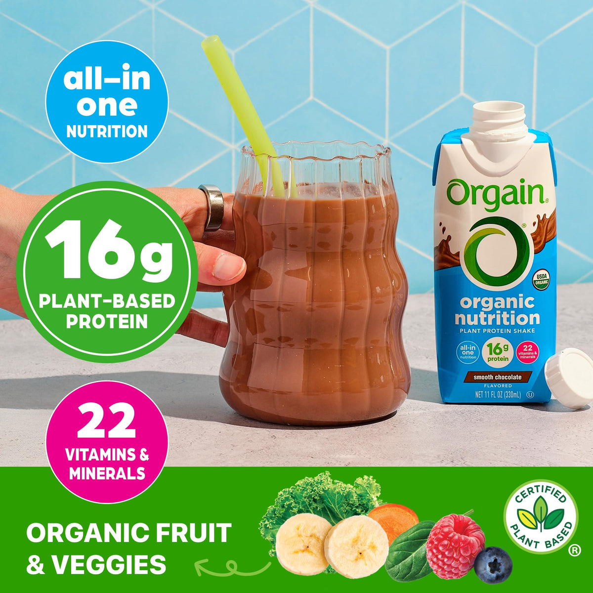 Orgain organic fruits and vegetables blend close-up for natural nutrition.