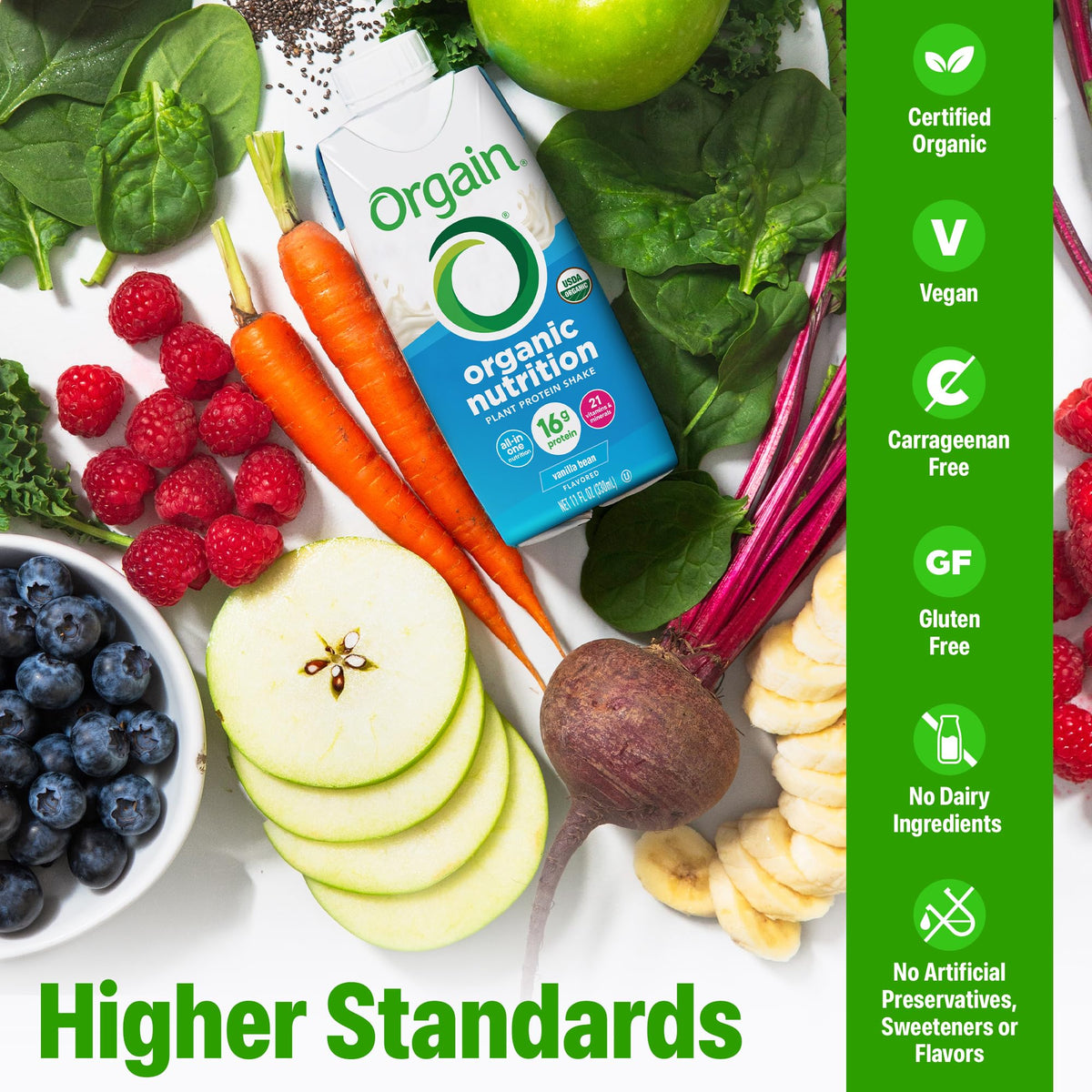 Orgain label emphasizing gluten-free, non-GMO, and no artificial additives.