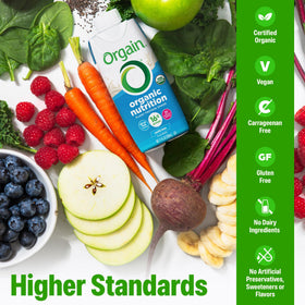 Orgain label emphasizing gluten-free, non-GMO, and no artificial additives.
