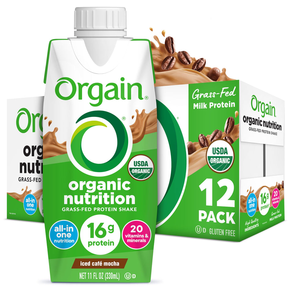 Orgain Iced Café Mocha bottle on display, convenient ready-to-drink nutrition for busy mornings.