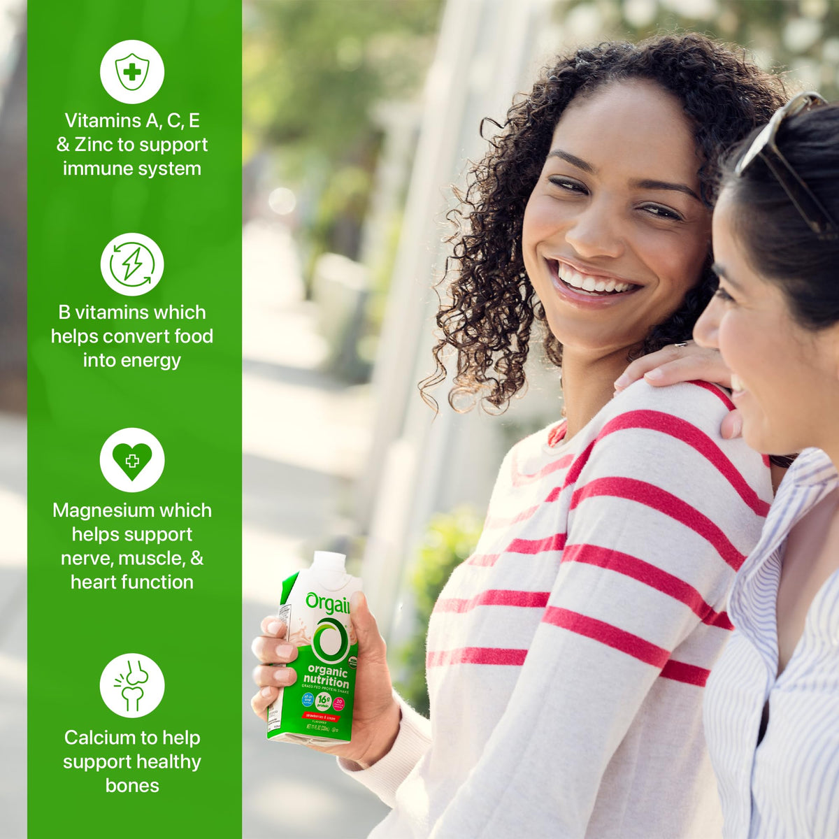 Orgain ingredients panel emphasizing organic protein and vitamin-rich formula