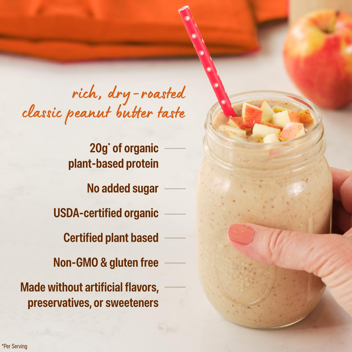 Close-up of Orgain powder ingredients like organic peas and peanut flour.
