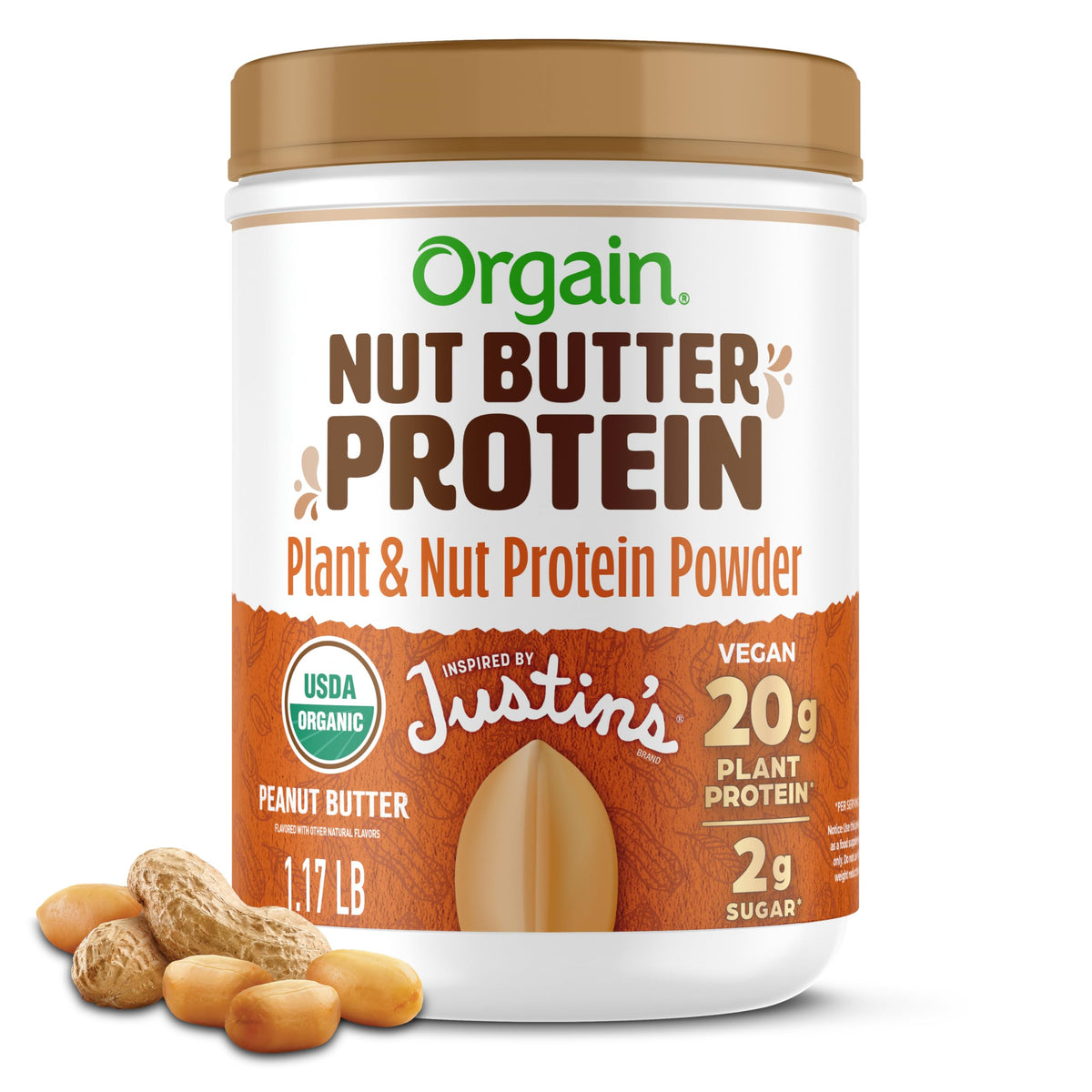 Orgain x Justin’s Nut Butter Protein Powder jar showcasing peanut butter flavor for daily protein.