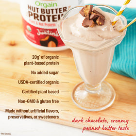 Orgain X Justin's Nut Butter Protein Powder organic ingredients label close-up.