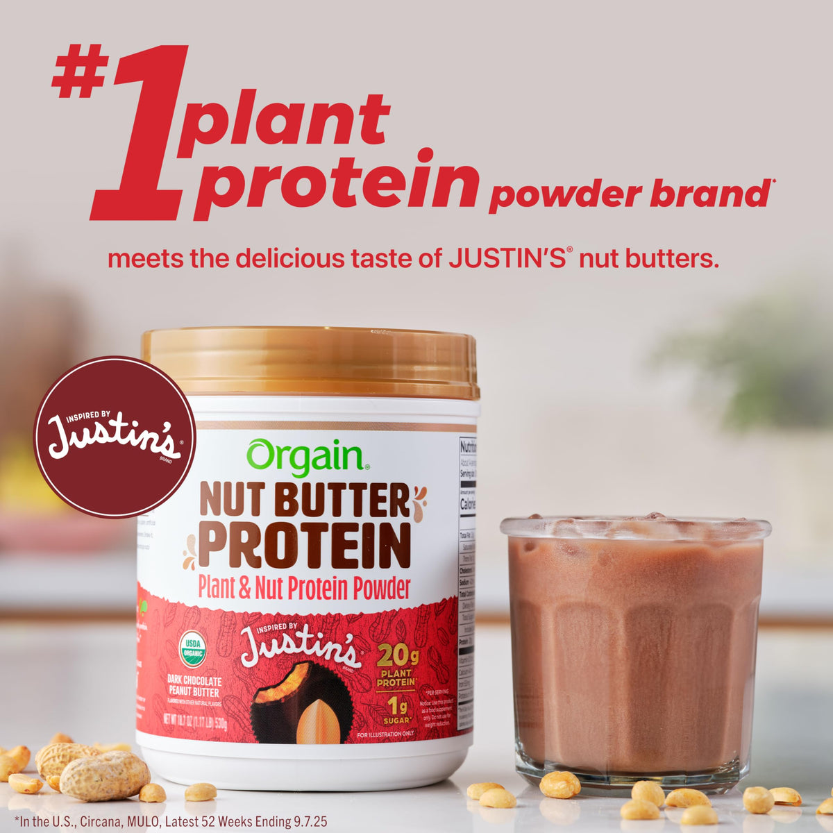 Orgain X Justin's Nut Butter Protein Powder scoop for convenient daily protein.