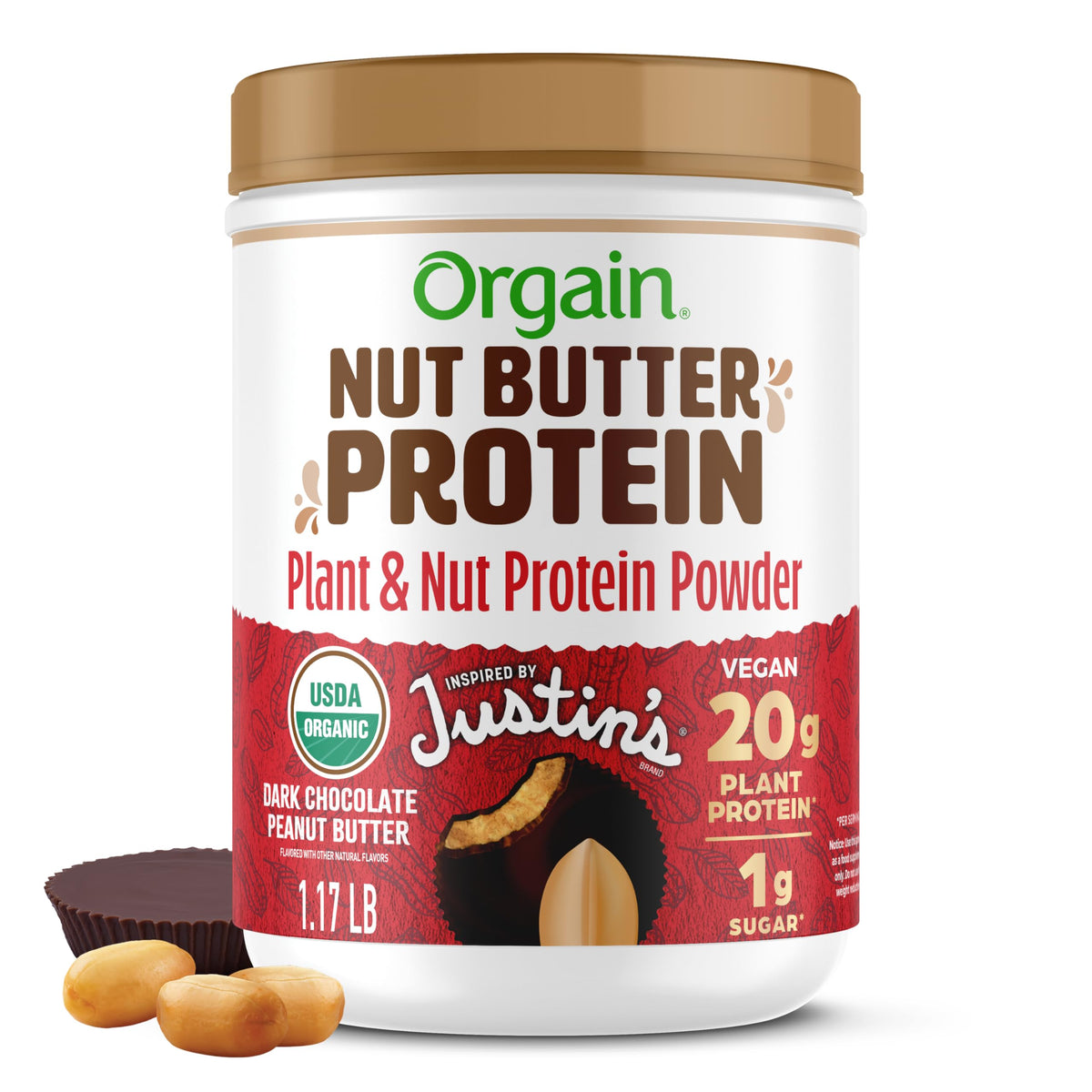 Orgain X Justin's Nut Butter Protein Powder tub front showcasing premium plant-based protein.