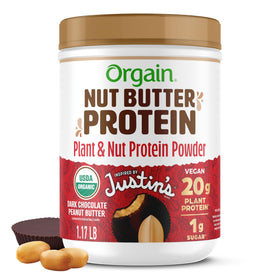 Orgain X Justin's Nut Butter Protein Powder tub front showcasing premium plant-based protein.