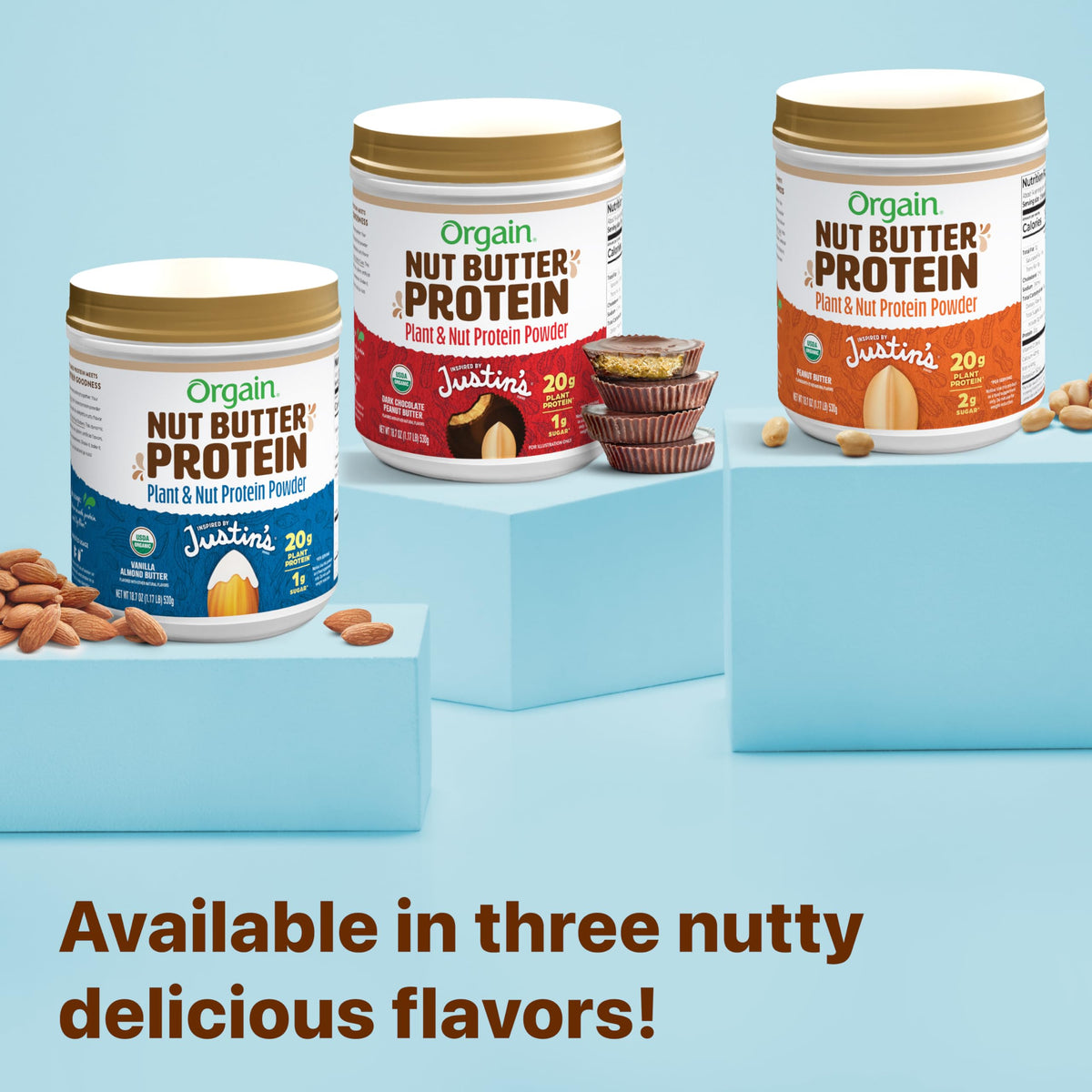 Orgain X Justin's Nut Butter Protein Powder packaging with USDA Organic label.