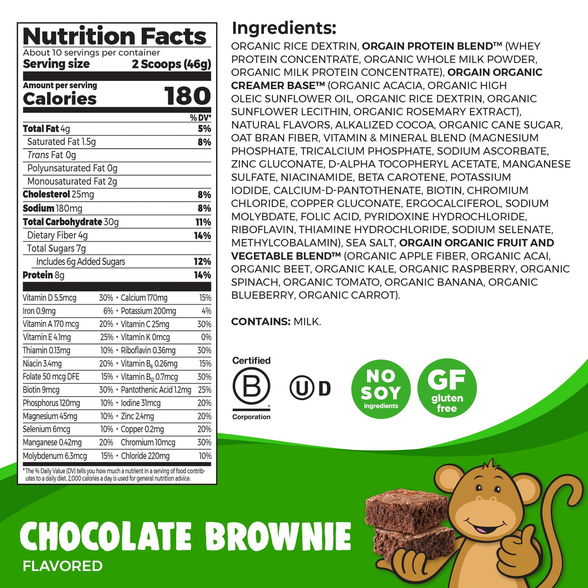 Orgain Kids Protein Shake Chocolate Brownie in a glass with smooth texture.