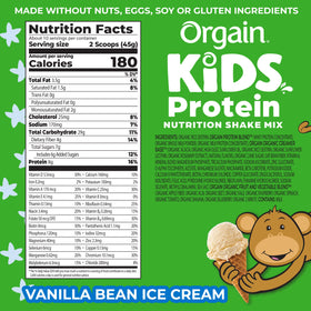 Orgain Kids Protein Shake powder scoop beside container highlighting 8g protein per serving.