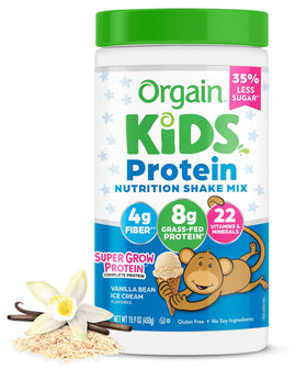 Orgain Kids Protein Shake bottle in Vanilla Bean Ice Cream flavor for on-the-go nutrition.