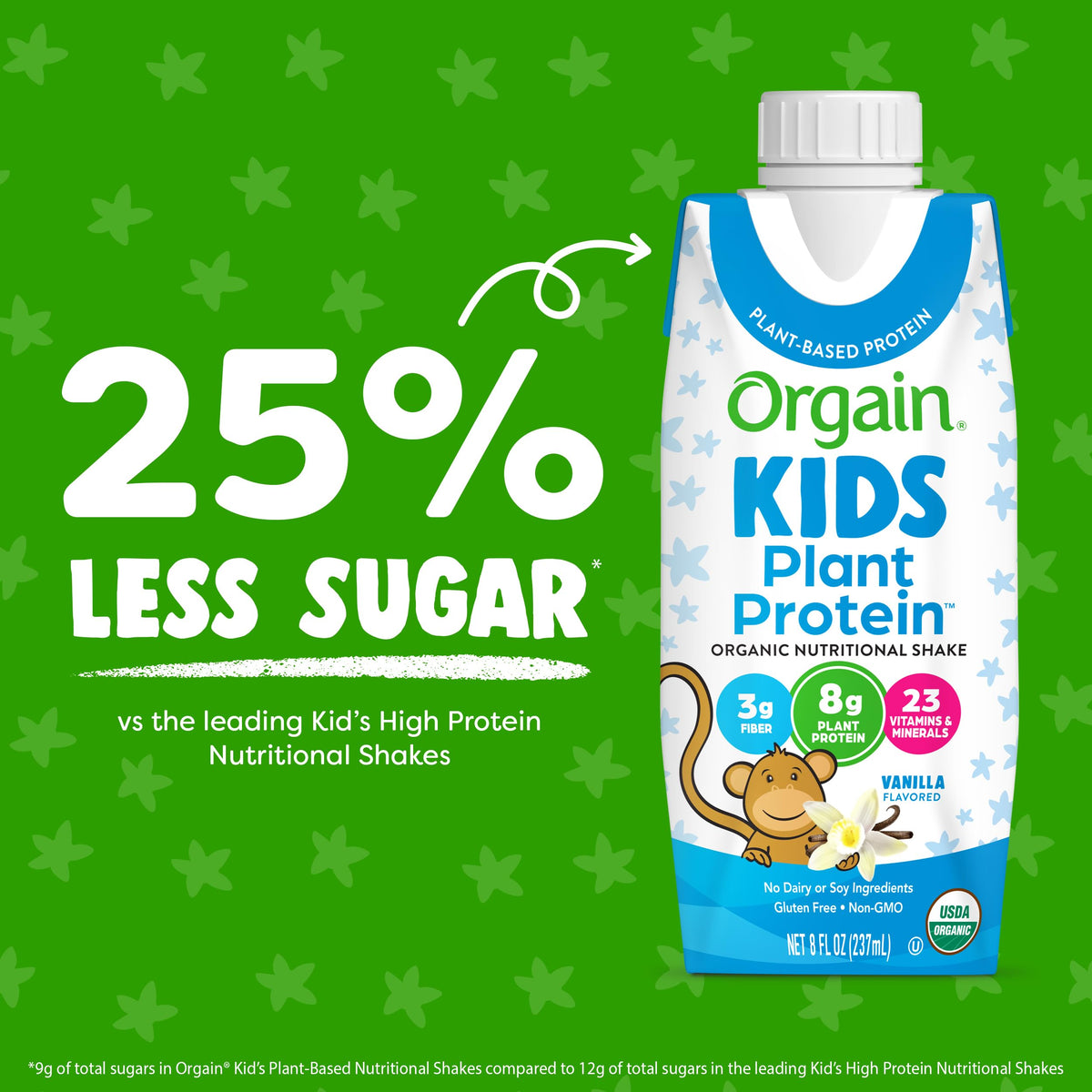 Orgain Kids vegan vanilla shake in glass, kid-friendly nutrition on the go