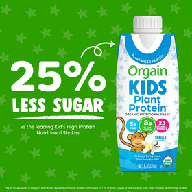 Orgain Kids vegan vanilla shake in glass, kid-friendly nutrition on the go