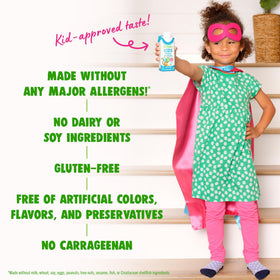 Orgain Kids vegan vanilla shake in lunchbox, allergen-friendly on-the-go nourishment