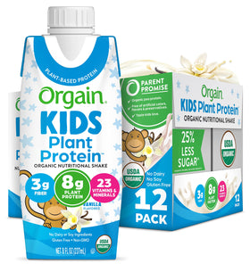 Orgain Kids vegan vanilla shake packaging, convenient ready-to-drink format for busy mornings