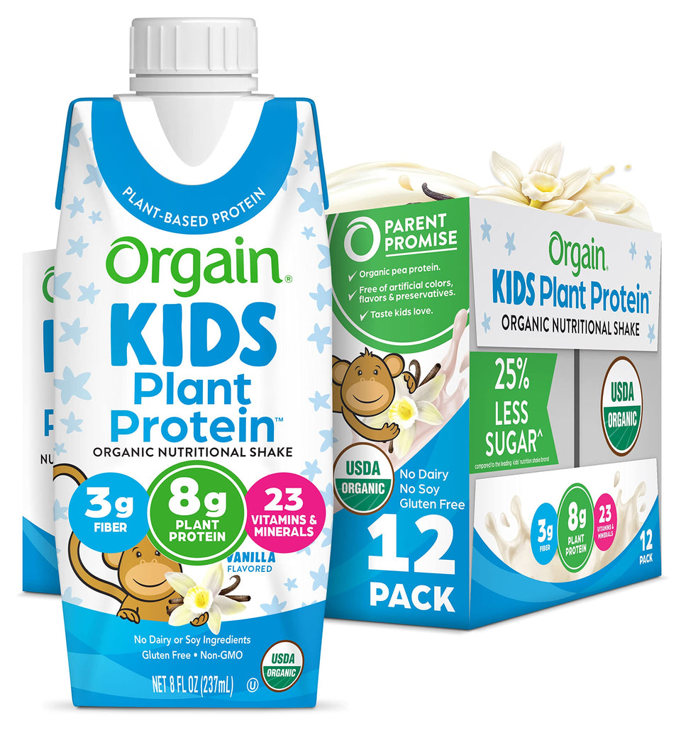 Orgain Kids vegan vanilla shake packaging, convenient ready-to-drink format for busy mornings