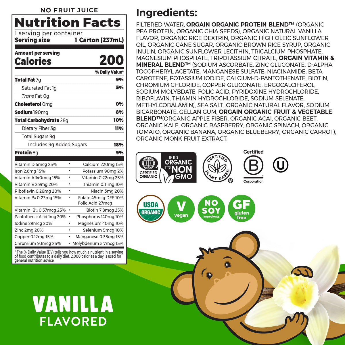 Orgain Kids vegan vanilla shake pour shows smooth texture for quick snacks