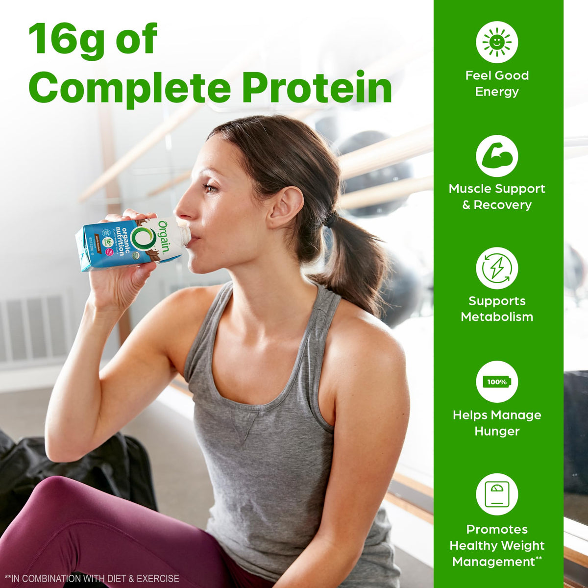 Orgain nutrition facts panel highlights 22 vitamins and minerals.