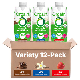 Orgain chocolate shake bottle with smooth texture for a quick protein boost