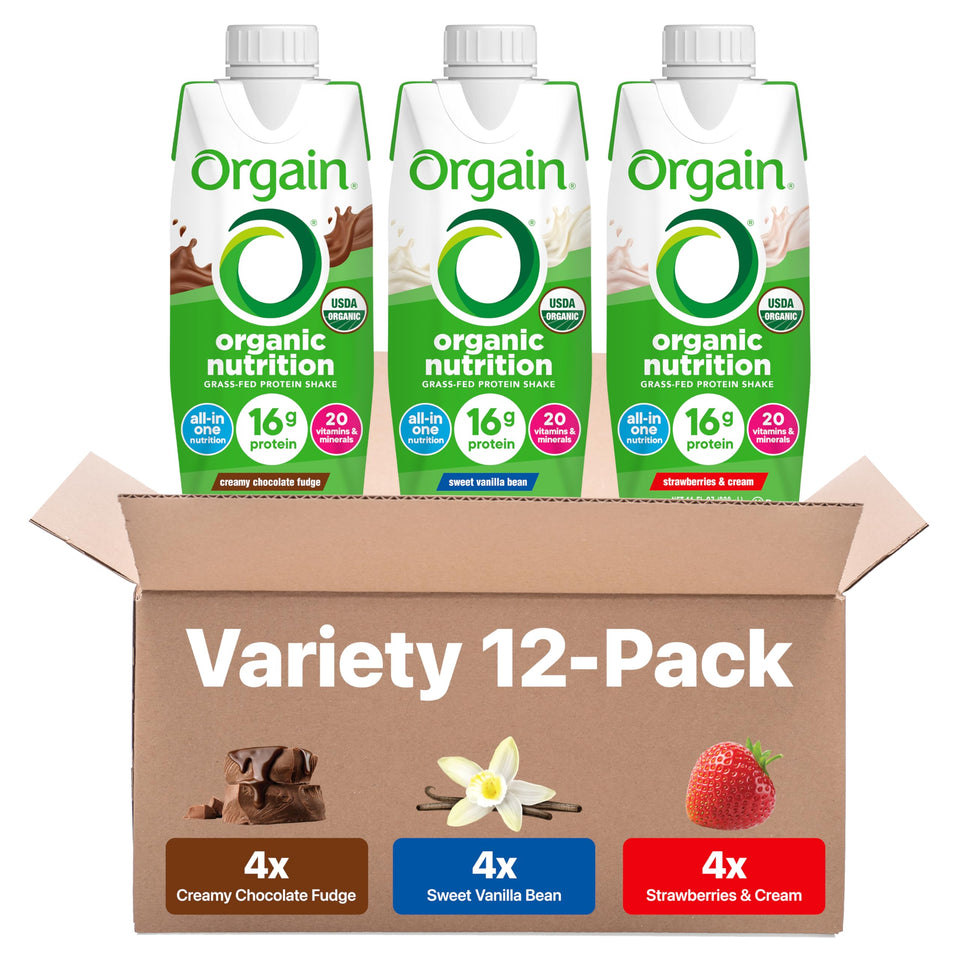 Orgain chocolate shake bottle with smooth texture for a quick protein boost