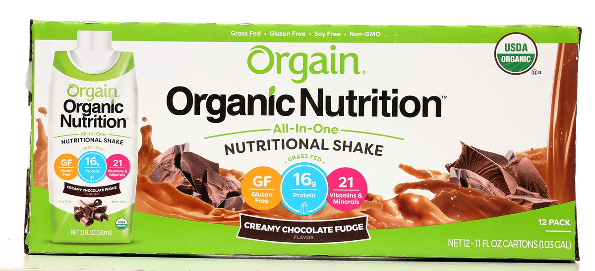 Orgain Organic Creamy Chocolate Fudge Shake 12-pack front view for quick nutrition