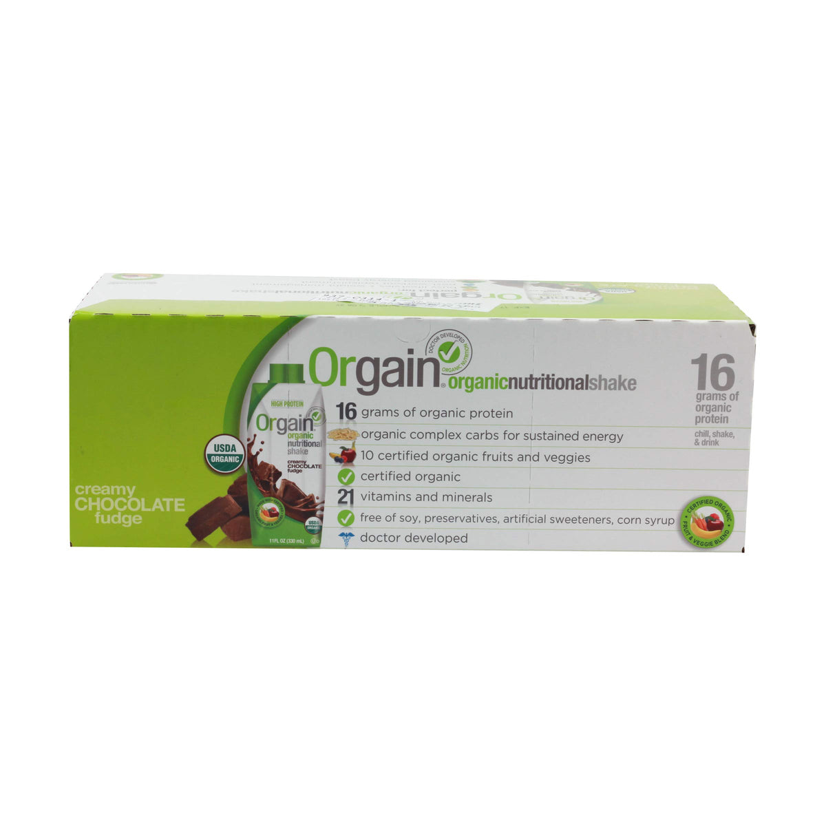Orgain Organic Creamy Chocolate Fudge Shake on shelf conveys convenient nutrition