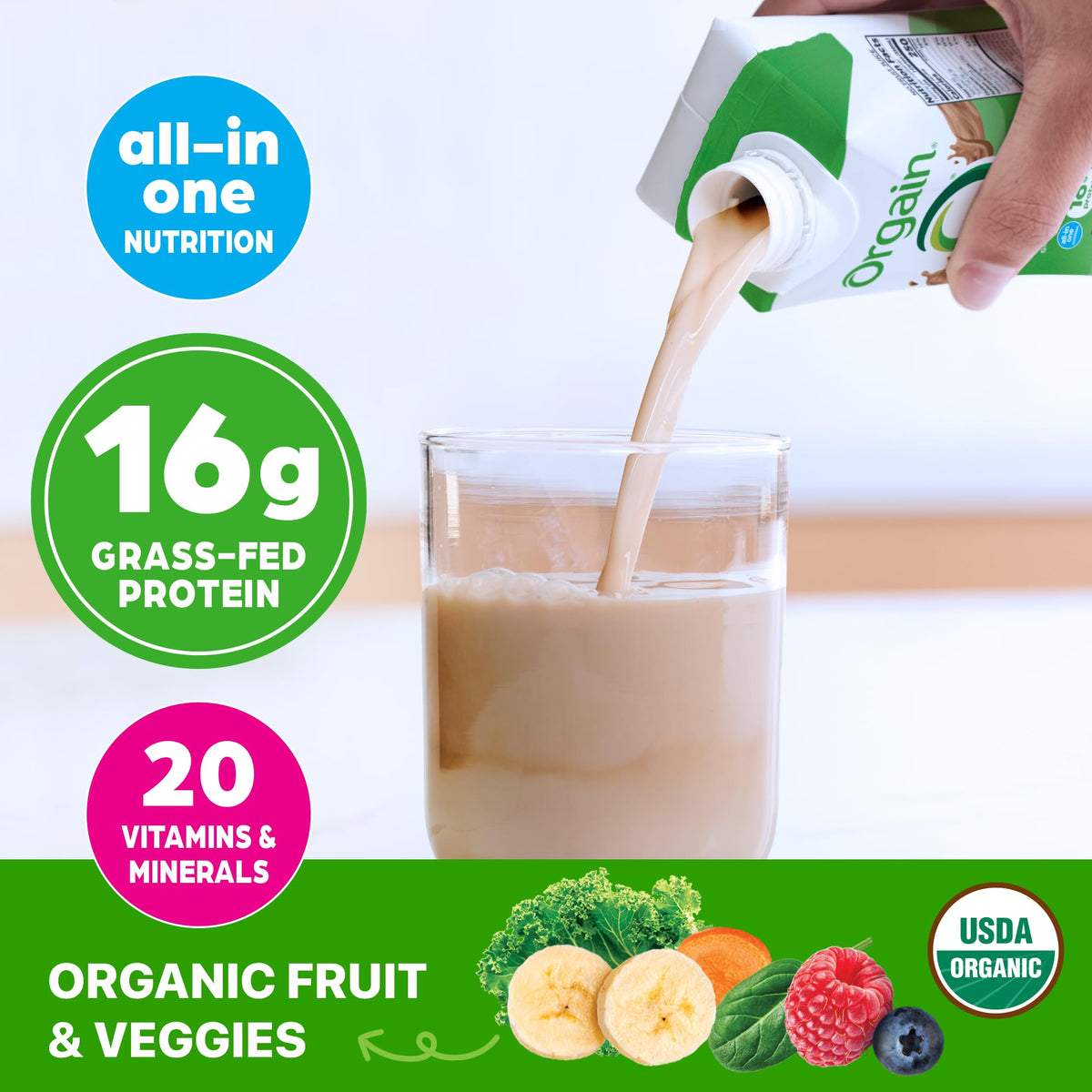 Orgain Organic Nutrition Shake label close-up highlighting USDA Organic and clean ingredients.