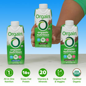 Orgain iced café mocha shake bottle offering a caffeinated nutrition option