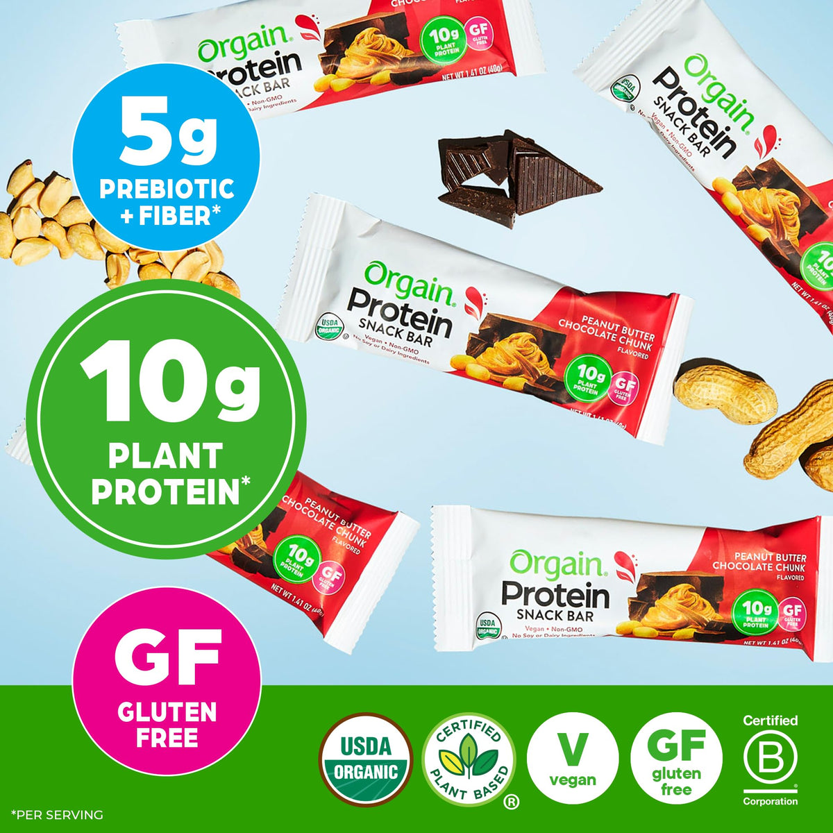 Orgain Organic Protein Bar ingredients list with chia seeds and brown rice protein