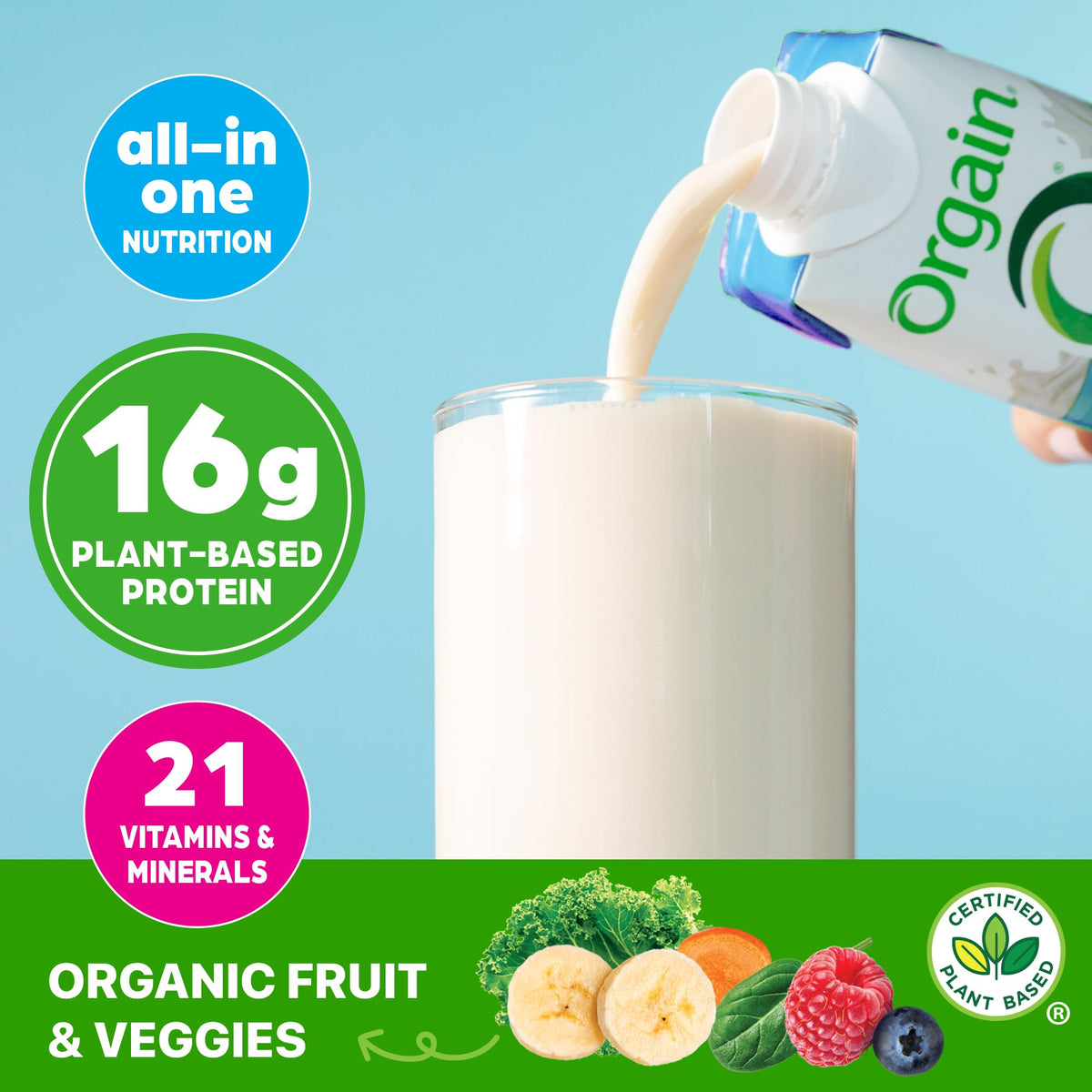 Orgain Organic Vegan Protein bottle label highlighting 21 vitamins for daily nourishment.